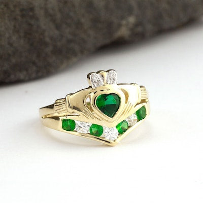 9K CZ Wishbone Claddagh Ring Set