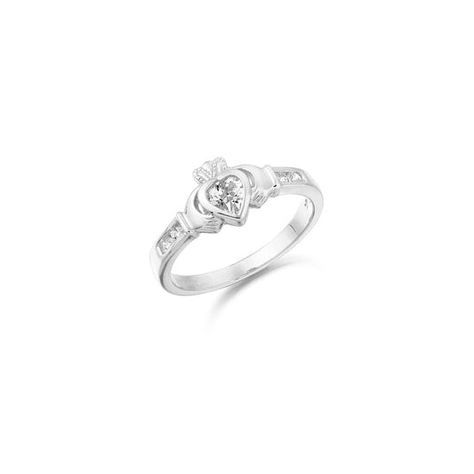 9K White Gold CZ Claddagh Ring with Channel Set Shoulders
