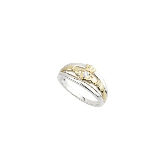 Sterling Silver & 10K Gold Claddagh Band - Diamond Set