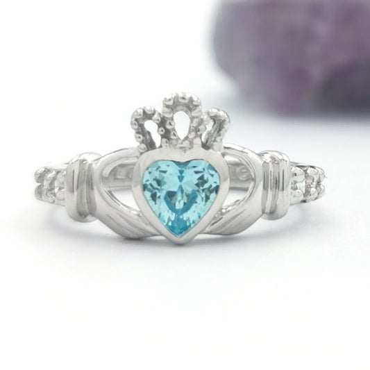 Sterling Silver Birthstone Claddagh Ring with Love, Loyalty, Friendship Engraving